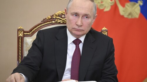 Russian President Vladimir Putin attends a cabinet meeting via video conference, at the Kremlin in Moscow, Russia, Wednesday, July 19, 2023. (Alexander Kazakov, Sputnik, Kremlin Pool Photo via AP)