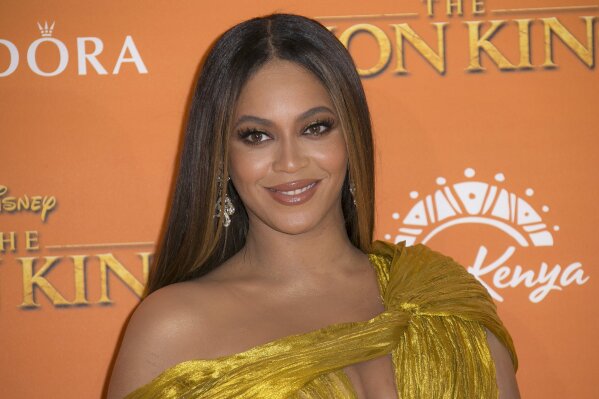 FILE - This July 14, 2019 file photo shows Beyonce at the "Lion King" premiere in London. Beyonce, along with Timothy McKenzie and Ilya Salmanzadeh, failed to get an Oscar nomination for best original song for "Spirit," from the film "The Lion King." (Photo by Joel C Ryan/Invision/AP, File)