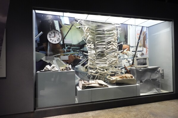 A display at the Oklahoma City National Memorial & Museum shows items from the bombed Alfred P. Murrah Federal Building in Oklahoma City on March 12, 2025. (AP Photo/LM Otero)