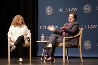 FILE - U.S. Supreme Court Justice Elena Kagan participates in a discussion at the University of California, Los Angeles, with UCLA Law School Dean Jennifer Mnookin, left, Sept. 27, 2018. The University of Wisconsin System regents have selected UCLA's law school dean to lead UW-Madison. The regents announced Monday, May, 16, 2022, that they have picked Jennifer Mnookin to succeed outgoing Chancellor Rebecca Blank. Mnookin has served as dean of the School of Law at UCLA since 2015. (AP Photo/Brian Melley File)