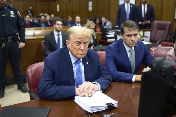 Former President Donald Trump appears at Manhattan criminal court before his trial in New York, Friday, April 26, 2024. (Curtis Means/Pool Photo via AP)