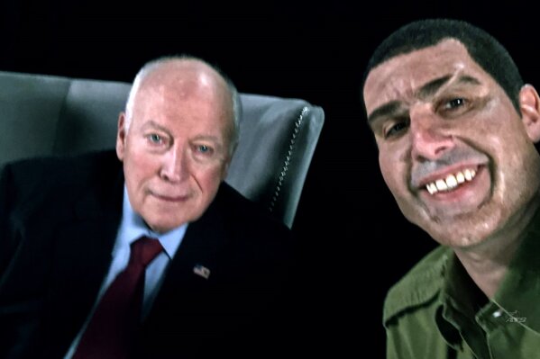 
              This image released by Showtime shows former Vice President Dick Cheney, left, and actor Sacha Baron Cohen, portraying retired Israeli Colonel Erran Morad in a still from "Who Is America?"  (Showtime via AP)
            