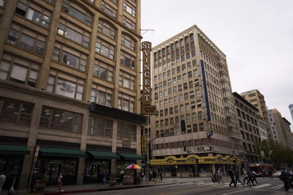 The St. Vincent Jewelry Center is shown in the Jewelry District of Los Angeles Friday, May 2, 2025. (AP Photo/Jae C. Hong)