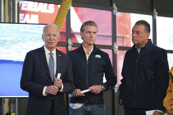 President Joe Biden delivers remarks regarding the ongoing wildfires impacting Southern California alongside California Gov. Gavin Newsom at Santa Monica Fire Department Station 5 in Santa Monica, Calif., Wednesday, Jan. 8, 2025. (AP Photo/Stephanie Scarbrough)