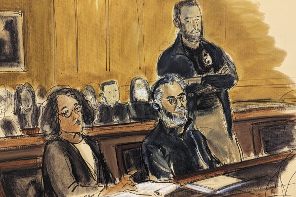 FILE - In this courtroom sketch, Guo Wengui, seated center, and his attorney, Tamara Giwa, left, appear in federal court in New York, March 15, 2023. Wengui, a self-exiled wealthy Chinese businessman became an internet sensation and conned thousands of people worldwide into sending him $1 billion, enabling him to spend lavishly on a mansion, two yachts and even a $35,000 mattress, a prosecutor told a New York jury Friday, May 24, 2024 at the start of his fraud trial.. (AP Photo/Elizabeth Williams, File)