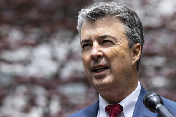 Alabama Attorney General Steve Marshall speaks at a press conference across the street from the Manhattan criminal court on May 13, 2024, in New York. (AP Photo/Stefan Jeremiah, File)