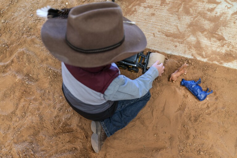 A child plays in the dirt with a toy cattle, horse and tractor carrying a bale of hay during a cattle auction in Gainesville, Texas, Friday, April 21, 2023. Since the early 1600s, ranchers raising cattle would cement the image of longhorn steers, rugged cowboys and awe-inspiring vistas into the nation's consciousness as what it means to be a Texan. The state has changed dramatically since then, but that image remains today and keeps beef in the forefront of life in Texas. (AP Photo/David Goldman)