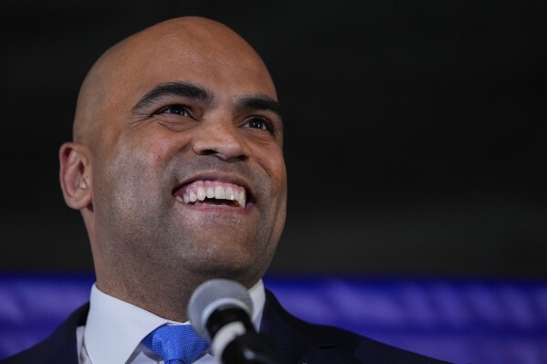 U.S. Rep. Colin Allred, D-Texas, a Democratic candidate for U.S. Senate, addresses supporters during an election night gathering, Tuesday, March 5, 2024, in Dallas. (AP Photo/Julio Cortez)