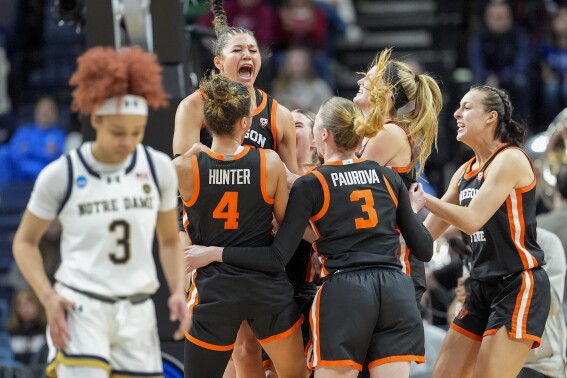 Oregon State players celebrate after defeating Notre Dame in a Sweet Sixteen round college basketball game during the NCAA Tournament, Friday, March 29, 2024, in Albany, N.Y. (AP Photo/Mary Altaffer)