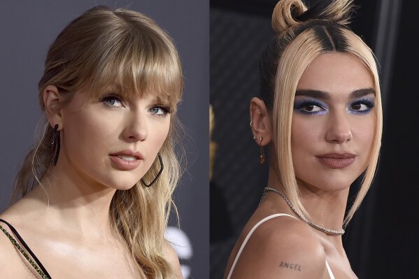 This Nov. 24, 2019 file photo shows Taylor Swift at the American Music Awards in Los Angeles, left, and Dua Lipa at the 62nd annual Grammy Awards in Los Angeles on Jan. 26, 2020. Swift, Dua Lipa and Roddy Ricch each earned six Grammy nominations on Tuesday, Nov. 24, 2020. (AP Photo)