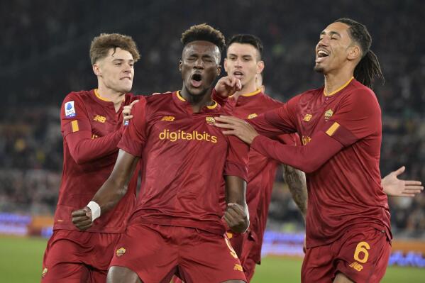 Roma's Tammy Abraham celebrates after scoring during the Serie A soccer match between Roma and Empoli at the Rome Olympic stadium Saturday, Feb. 4, 2023. (Alfredo Falcone/LaPresse via AP)