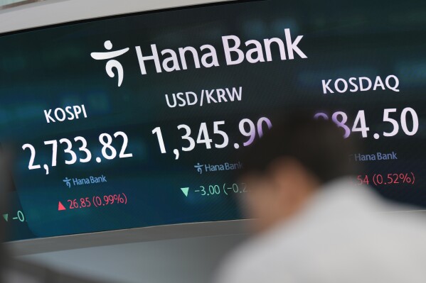 An employee of a bank stands near the screens showing the Korea Composite Stock Price Index (KOSPI), left, and the foreign exchange rate between the U.S. dollar and South Korean won at a foreign exchange dealing room in Seoul, South Korea, Thursday, April 4, 2024. Asian shares mostly rose Thursday after a firm finish on Wall Street, as expectations remained solid for U.S. interest rate cuts this year. (AP Photo/Lee Jin-man)