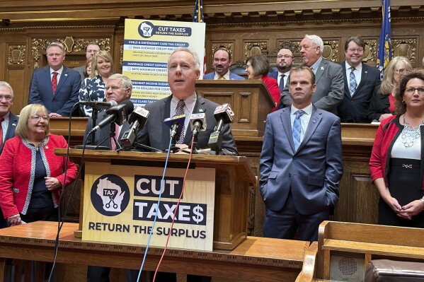 Wisconsin Assembly Speaker Robin Vos, at podium, state Senate Majority Leader Devin LeMahieu, second from right, and other Republican legislators address reporters during a news conference, Jan. 23, 2024, in the Assembly chambers of the state Capitol in Madison, Wis. Wisconsin Republicans are moving closer toward passing their $2 billion tax cut plan. The state Assembly s expected to pass the legislation Tuesday, Feb. 13, 2024. (AP Photo/Todd Richmond, file)