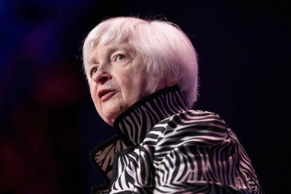 FILE - United States Secretary of the Treasury Janet Yellen speaks at the Atlantic Council Global Citizen Awards, Sept. 20, 2023, in New York. Yellen wants Latin America to trade more with the United States as part of an initiative that so far has failed to disrupt China’s dominance in global manufacturing. (AP Photo/Julia Nikhinson, File)