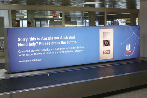 This undated photo provided by Commend International shows Salzburg Airport in Austria. On Friday, Nov. 3, 2023, The Associated Press reported on stories circulating online incorrectly claiming Salzburg Airport has a help desk specifically for people who intended to fly to Australia.(Commend International/Salzburg Airport via AP)