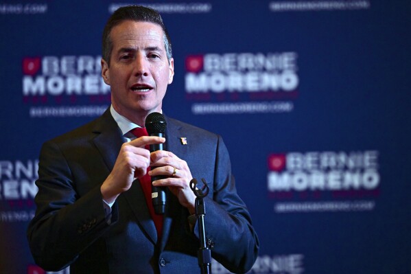 Cleveland businessman Bernie Moreno, a Republican candidate for U.S. Senate, speaks to supporters during his primary election night watch party in Westlake, Ohio, Tuesday, March 19, 2024. (AP Photo/David Dermer)