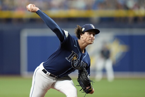 Tampa Bay Rays starting pitcher Tyler Glasnow delivers to the Miami Marlins during the first inning of a baseball game Tuesday, July 25, 2023, in St. Petersburg, Fla. (AP Photo/Chris O'Meara)