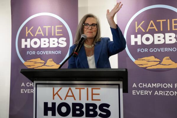 Democratic Arizona Governor-elect Katie Hobbs speaks at a victory rally, Tuesday, Nov. 15, 2022, in Phoenix. (AP Photo/Matt York)