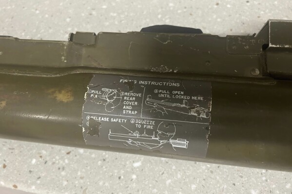 This photo provided by Sutton Police Department shows a U.S. Army rocket launcher found in a vehicle by Sutton Police on Wednesday, Feb. 21, 2024 in Sutton, Mass. Det. Alex Sinni said he was unnerved to find a U.S. Army rocket launcher when searching a suspicious truck for drugs. (Sutton Police Department via AP)