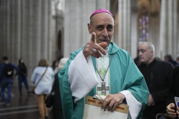 Monsignor Victor Manuel Fernandez, archbishop of La Plata, smiles after a Mass at the Cathedral in La Plata, Argentina, Sunday, July 9, 2023. Fernandez was appointed by Pope Francis to head the Holy See's Dicastery for the Doctrine of the Faith at the Vatican. (AP Photo/Natacha Pisarenko)