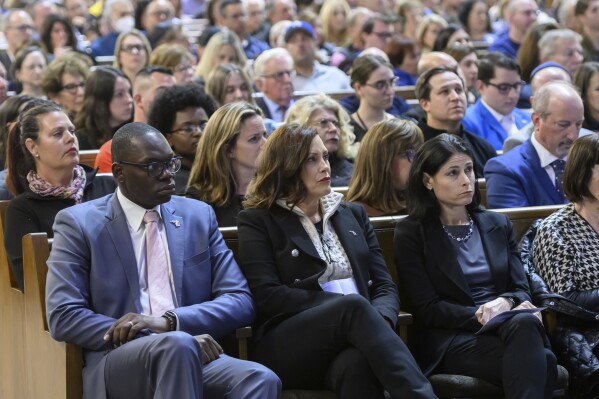 Michigan Lt. Gov. Garlin Gilcrhist, left, Gov. Gretchen Whitmer and attorney general Dana Nessel attend a community support event at Congregation Shaarey Zedek, in Southfield, Michigan on October 9, 2023. Many top Michigan Democrats, including Gov. Whitmer, took part in a huge pro-Israel rally near Detroit after the Hamas Oct. 7 attack on the country. None of them attended a rally in nearby Dearborn the next day to show support for Palestinians in Gaza being killed or forced from their homes by the Israeli military’s response. The war has inflamed tensions between Jews and Muslims everywhere, including the Detroit area, which is home to several heavily Jewish suburbs and Dearborn, the city with the largest concentration of Arab Americans in the U.S. (David Guralnick/Detroit News via AP)