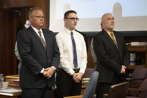 Paul Bellar, middle, appears before Jackson County Circuit Court Judge Thomas Wilson on Wednesday, Oct. 5, 2022 for trial in Jackson, Mich. Paul Bellar, Joseph Morrison and Pete Musico are charged in connection with a 2020 anti-government plot to kidnap Michigan Gov. Gretchen Whitmer. (J. Scott Park/Jackson Citizen Patriot via AP, Pool)