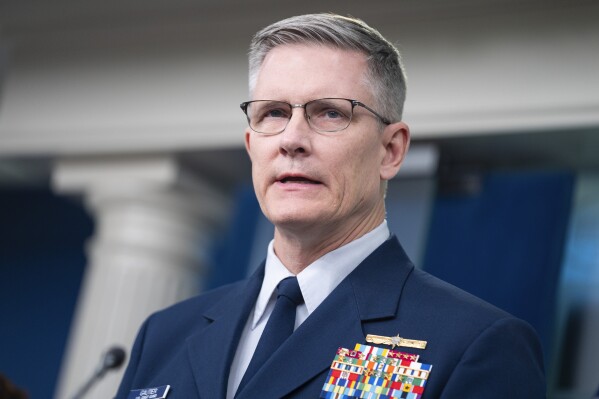 Coast Guard Deputy Commandant for Operations Vice Admiral Peter Gautier speaks about the Francis Scott Key bridge collapse during a press briefing at the White House, Wednesday, March 27, 2024, in Washington. (AP Photo/Evan Vucci)