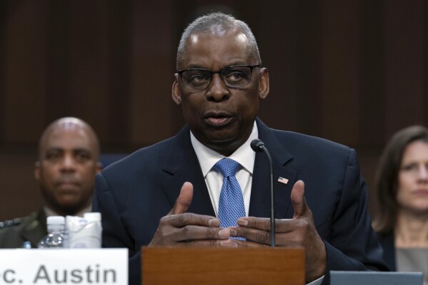 FILE - Secretary of Defense Lloyd Austin testifies before Senate Committee on Armed Services during a hearing on Department of Defense Budget Request for Fiscal Year 2025 and the Future Years Defense Program on Capitol Hill in Washington, April 9, 2024. Austin has spoken with China’s national defense minister in the latest in a series of U.S. steps to improve communications with the Chinese military and reduce unsafe and aggressive incidents in the Indo-Pacific. It is the first time Austin has talked to Adm. Dong Jun. And it's the first time he has spoken at length with any Chinese counterpart since November 2022. (AP Photo/Jose Luis Magana, File)