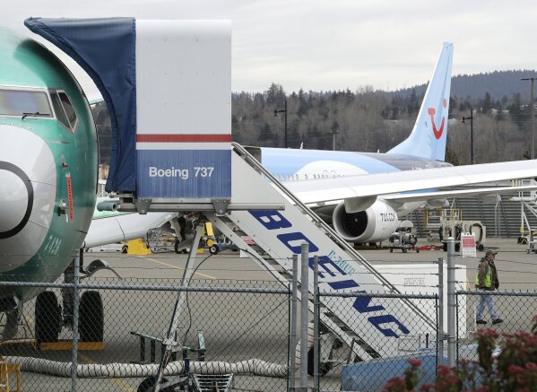 
              In this Monday, March 11, 2019 file photo, a Boeing 737 MAX 8 airplane being built for TUI Group sits parked in the background at right at Boeing Co.'s Renton Assembly Plant in Renton, Wash. The Transportation Department confirmed that its watchdog agency will examine how the FAA certified the Boeing 737 Max 8 aircraft, the now-grounded plane involved in two fatal accidents within five months. The FAA had stood by the safety of the plane up until last Wednesday, March 13, 2019 despite other countries grounding it.  (AP Photo/Ted S. Warren, File)
            