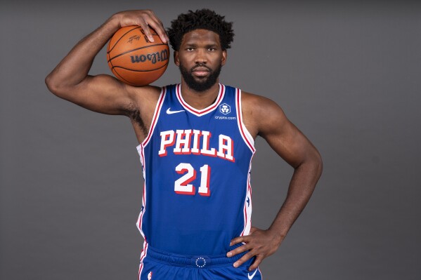 Philadelphia 76ers' Joel Embiid poses for a photograph during media day at the NBA basketball team's practice facility, Monday, Oct. 2, 2023, in Camden, N.J. (AP Photo/Chris Szagola)