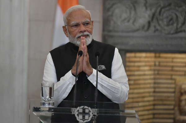 India's Prime Minister Narendra Modi gestures after a meeting with his Greek counterpart Kyriakos Mitsotakis, at Maximos Mansion in Athens, Greece, Friday, Aug. 25, 2023. Modi's visit to Athens is especially significant for Greek foreign policy as it is the first official visit by an Indian prime minister to Greece in 40 years.