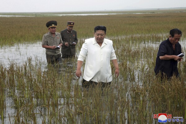 In this photo provided by the North Korean government, North Korean leader Kim Jong Un, center, visits a tideland under restoration in Nampho, North Korea Monday, Aug. 21, 2023. Independent journalists were not given access to cover the event depicted in this image distributed by the North Korean government. The content of this image is as provided and cannot be independently verified. Korean language watermark on image as provided by source reads: 