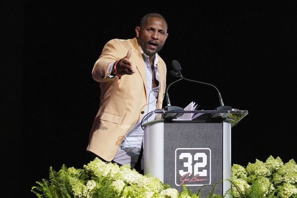 Hall of Fame linebacker Ray Lewis speaks during a tribute to NFL player Jim Brown Thursday, Aug. 3, 2023, in Canton, Ohio. (AP Photo/Sue Ogrocki)