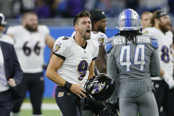 Baltimore Ravens kicker Justin Tucker celebrates after kicking a 66-yard field goal in the second half of an NFL football game against the Detroit Lions in Detroit, Sunday, Sept. 26, 2021. Baltimore won 19-17. (AP Photo/Duane Burleson)