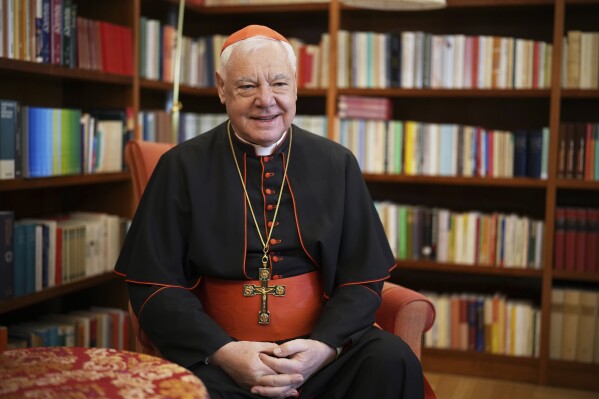 Cardinal Gerhard Ludwig Müller answers questions during an interview with The Associated Press at the Vatican on Monday, May 12, 2025. (AP Photo/Andrew Medichini)