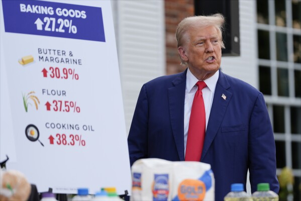Republican presidential nominee former President Donald Trump talks after a news conference at Trump National Golf Club, Thursday, Aug. 15, 2024, in Bedminster, N.J. (AP Photo/Julia Nikhinson)