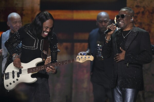 Verdine White, left, and Philip Bailey of Earth, Wind & Fire perform during the FireAid benefit concert on Thursday, Jan. 30, 2025, at Intuit Dome in Inglewood, Calif. (Photo by Jordan Strauss/Invision/AP)