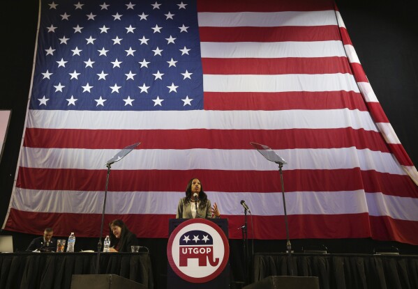 Utah U.S. Congresswoman Mia Love speaks at the Utah Republican 2018 nominating convention, April 21, 2018, in West Valley City, Utah. (AP Photo/George Frey, File)