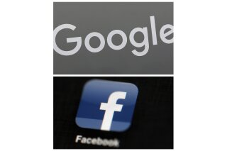 FILE - This combination of file photos shows a Google sign and the Facebook app. As a wave of antitrust actions surges against Google and Facebook, states in two lawsuits are stretching beyond the cases made by federal competition enforcers to level bold new claims. (AP Photo/File)
