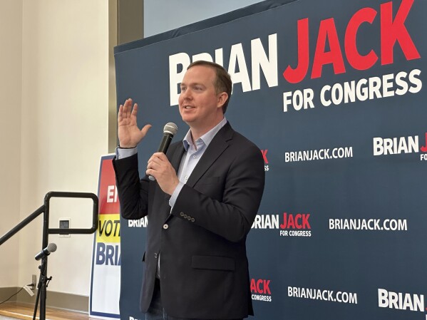 FILE - Georgia Republican Brian Jack speaks at a campaign event in Newnan, Ga., on Monday, June 10, 2024. Jack is competing with fellow Republican Mike Dugan in a Tuesday, June 18, 2024, runoff for the GOP nomination in the 3rd Congressional District south and west of Atlanta. (AP Photo, Jeff Amy, File)