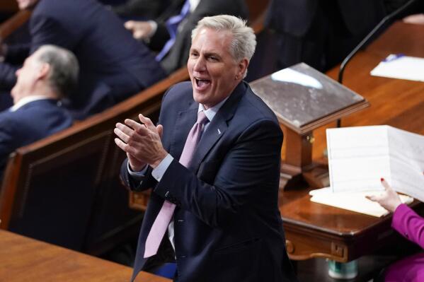 Rep. Kevin McCarthy, R-Calif., reacts during the 12th round of voting for speaker in the House chamber as the House meets for the fourth day to elect a speaker and convene the 118th Congress in Washington, Friday, Jan. 6, 2023. (AP Photo/Andrew Harnik)