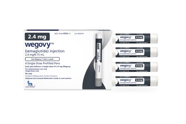 FILE - This image provided by Novo Nordisk on Friday, June 4, 2021 shows a package of injection pens for the company's semaglutide medication, named Wegovy. People taking the popular diabetes and obesity drugs Ozempic and Wegovy had a lower risk of suicidal thoughts than those taking other medications to treat the same conditions, according to research, funded by the U.S. National Institutes of Health, published Friday, Jan. 5, 2023. It comes as European and U.S. regulators look into anecdotal reports that people taking the drug, semaglutide, had thoughts of self-harm. (Novo Nordisk via AP, file)