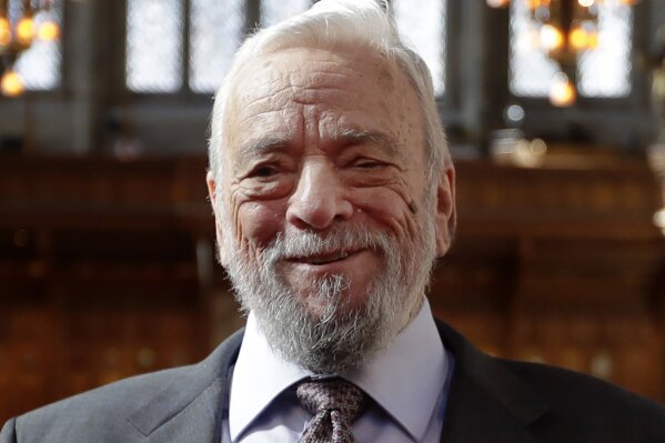 FILE - This Sept. 27, 2018 file photo shows composer and lyricist, Stephen Sondheim after being awarded the Freedom of the City of London at a ceremony at the Guildhall in London. Broadway stars will pay a 90th birthday tribute to Sondheim on the free virtual concert “Take Me To The World,” set to air live on April 26. (AP Photo/Kirsty Wigglesworth, File)