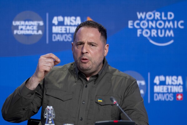 Ukraine's Head of the Office of the President Andriy Yermak speaks at a news conference after the 4th meeting of the National Security Advisors, NSA, on the peace formula for Ukraine in Davos, Switzerland, Sunday, Jan. 14, 2024. (AP Photo/Markus Schreiber)