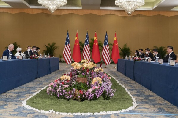President Joe Biden, left, is seated with Chinese President Xi Jinping, right, for a meeting on the sidelines of the G20 summit meeting, Nov. 14, 2022, in Bali, Indonesia. As Biden and Xi prepare to meet at the upcoming Asia-Pacific Economic Cooperation summit in San Francisco, basic information has remained guarded. That could ratchet up the pressure on how each side negotiates, down to the smallest detail.(AP Photo/Alex Brandon)