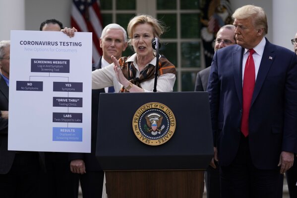 President Donald Trump, right, listens as Dr. Deborah Birx, White House coronavirus response coordinator, speaks during a news conference about the coronavirus in the Rose Garden of the White House, Friday, March 13, 2020, in Washington. (AP Photo/Evan Vucci)