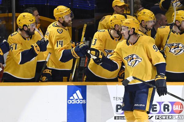 Nashville Predators center Ryan Johansen (92) is congratulated after scoring a goal against the Florida Panthers during the first period of an NHL hockey game Saturday, Feb.18, 2023, in Nashville, Tenn. (AP Photo/Mark Zaleski)