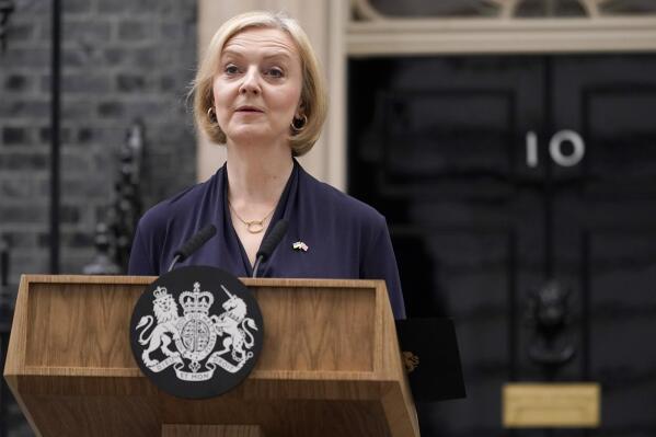 Britain's Prime Minister Liz Truss announces her resignation as Prime Minister and leader of the Conservative party, in Downing Street in London, Thursday, Oct. 20, 2022. (AP Photo/Alberto Pezzali)