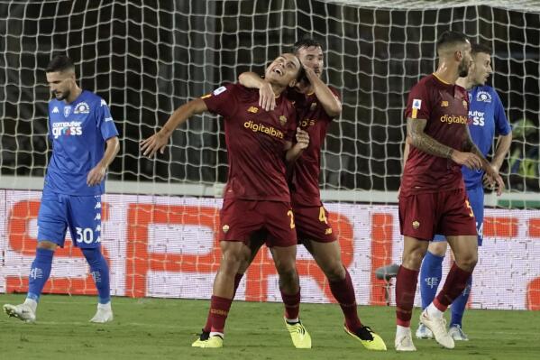 Roma's Paulo Dybala celebrates after scoring the first goal of the game during the Serie A soccer match between Empoli and Roma, in Empoli, Italy, Monday, Sept. 12, 2022. (Marco Bucco/LaPresse via AP)