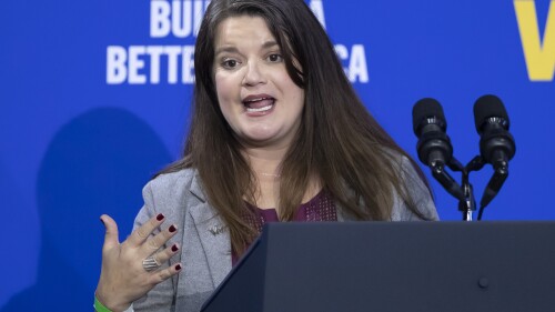 FILE - New Mexico Secretary of State Maggie Toulouse Oliver speaks during a campaign rally with President Biden and fellow Democrats in Albuquerque, N.M., Nov. 3, 2022. The top state election official in New Mexico has spoken with federal prosecutors as part of the special counsel’s probe into the 2020 election, the official's spokesman said Friday, July 14, 2023. The meeting with Toulouse Oliver occurred sometime in the past few months, according to spokesman Alex Curtas, who declined further comment. (AP Photo/Andres Leighton, File)